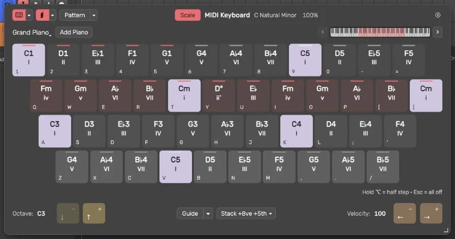 Resizable Harmony Pads keyboard with 45 physical musical keys, low and high registers, scale and chord labels