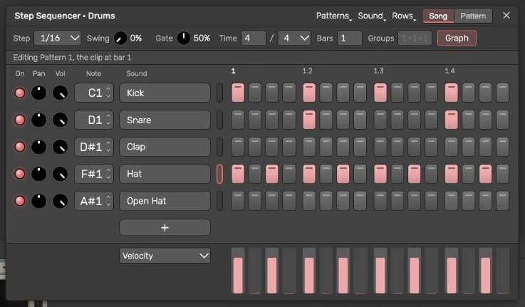 Current Step Sequencer with kick, snare and hi-hat steps, pattern controls and the velocity graph