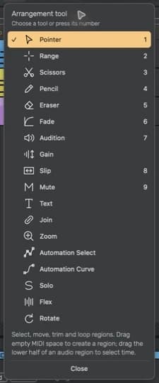 Dawnamite arrangement tool menu with light text and a contrasting selected Pointer row in the Fruity theme