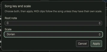 One panel with Root note, Scale, Cancel and Apply controls, with C Dorian chosen