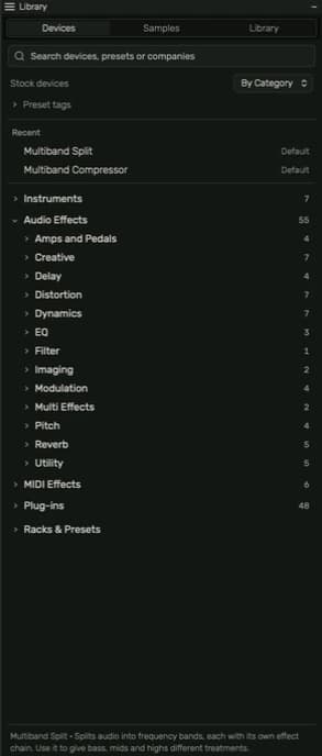 Library sidebar with stock instrument, audio effect and MIDI effect categories