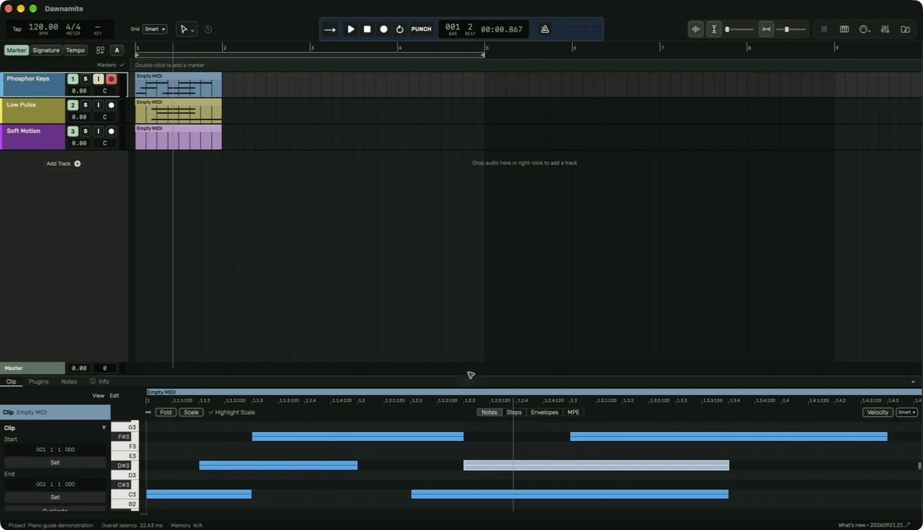 Dawnamite MIDI Notes editor with physical piano keys, horizontal notes and the selected clip inspector