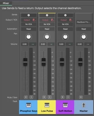Dawnamite Logic theme mixer with three track-colored nameplates and the matching Master nameplate
