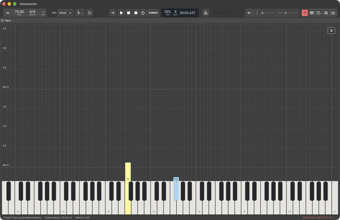 Dawnamite Piano workspace with a full-width keyboard, small note labels, vertical pitch separators and horizontal bar and beat guides