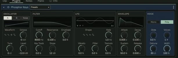 Stock synthesizer with oscillator, filter, LFO, envelope and voice sections