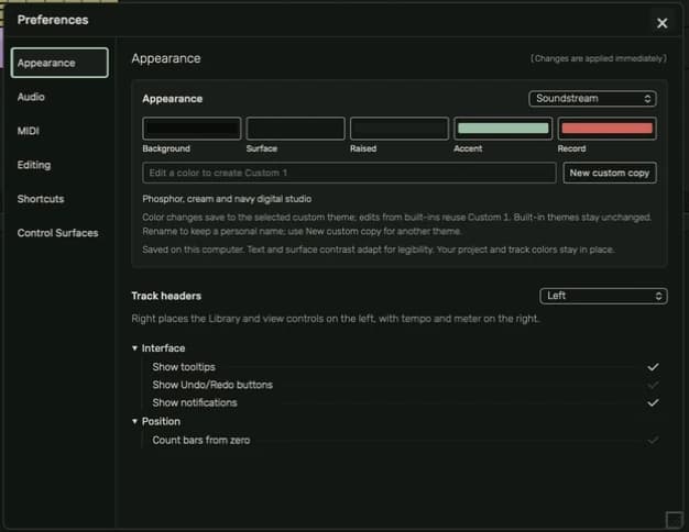 Appearance Preferences with Soundstream selected and track headers set to Left
