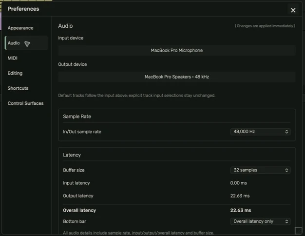 Audio Preferences showing input and output device, sample rate, buffer size and reported latency