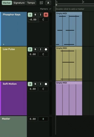 Colored track names beside activator, solo, input and record controls
