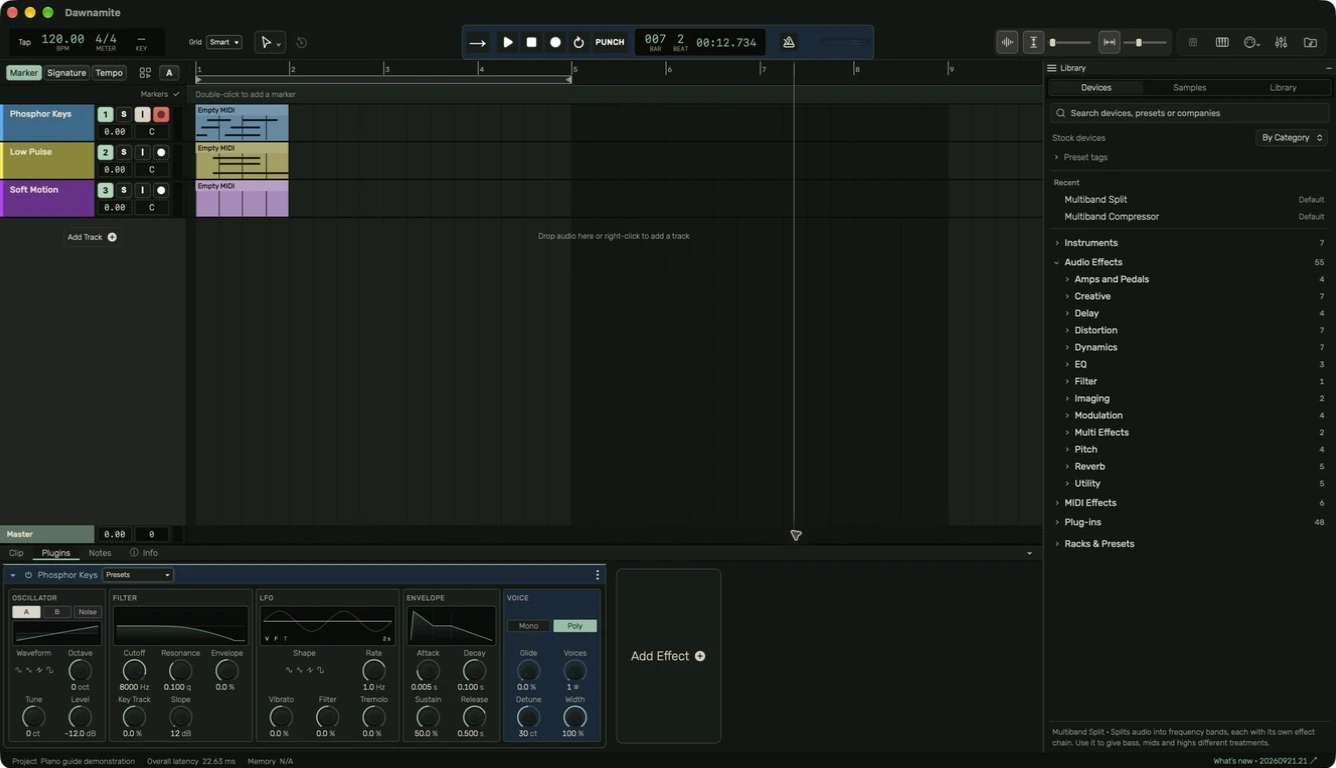 Dawnamite arrangement, instrument controls and device library with the Piano button in the header