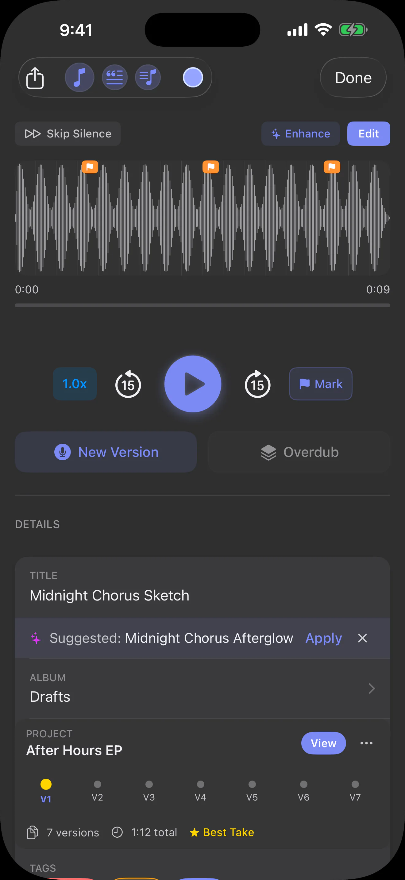 Sonedia recording detail with its waveform, pending smart-title suggestion, project, and tags