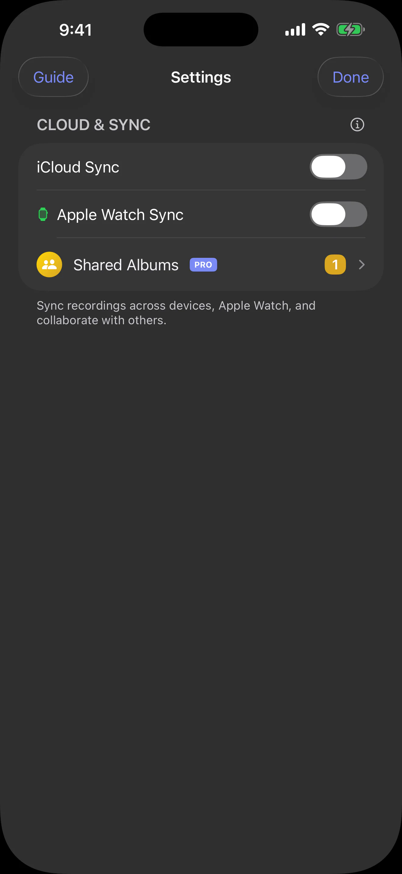 Sonedia iPhone settings showing optional private iCloud sync