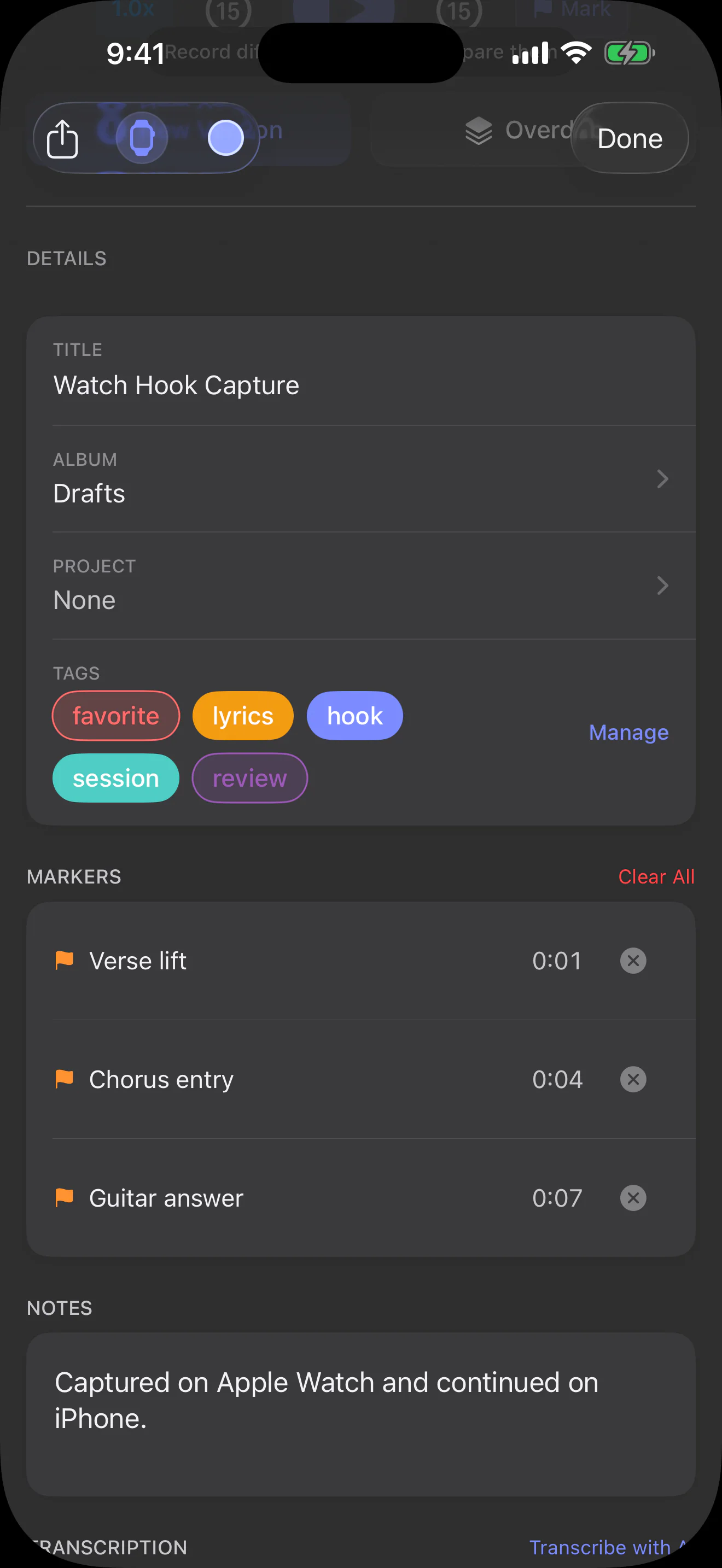 Sonedia notebook with timestamped markers, notes, tags, and project context