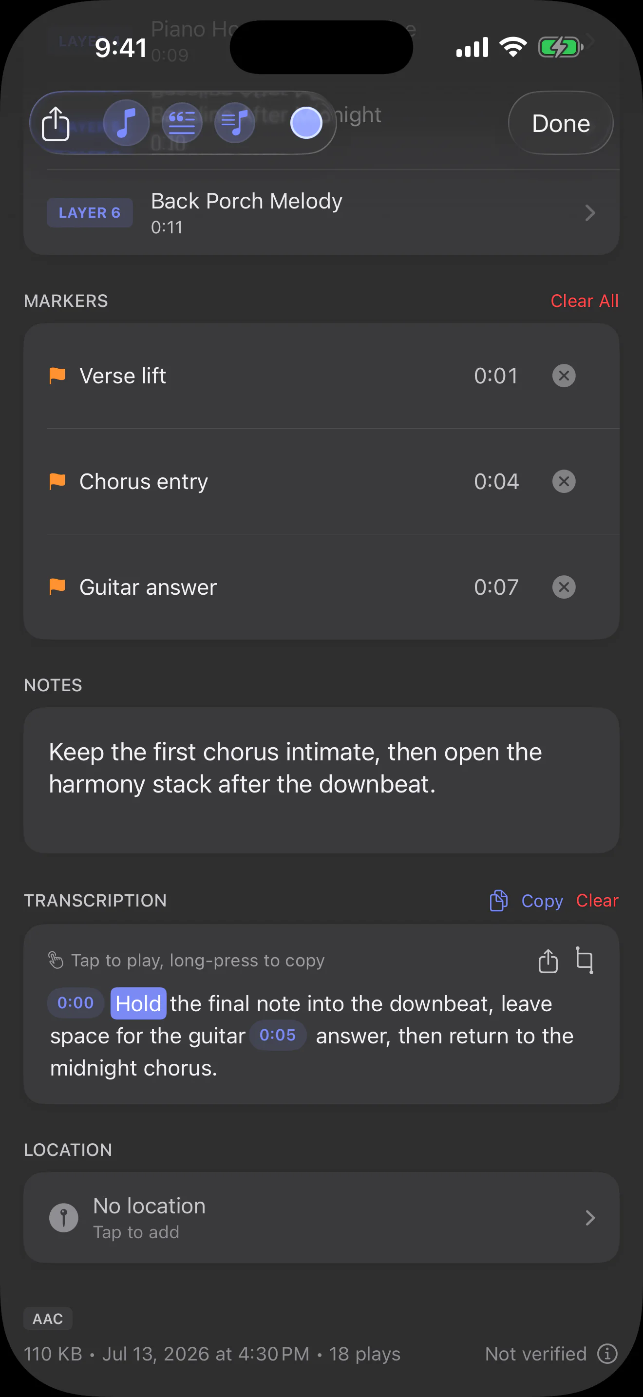 Sonedia transcript with timestamps and word-level playback navigation