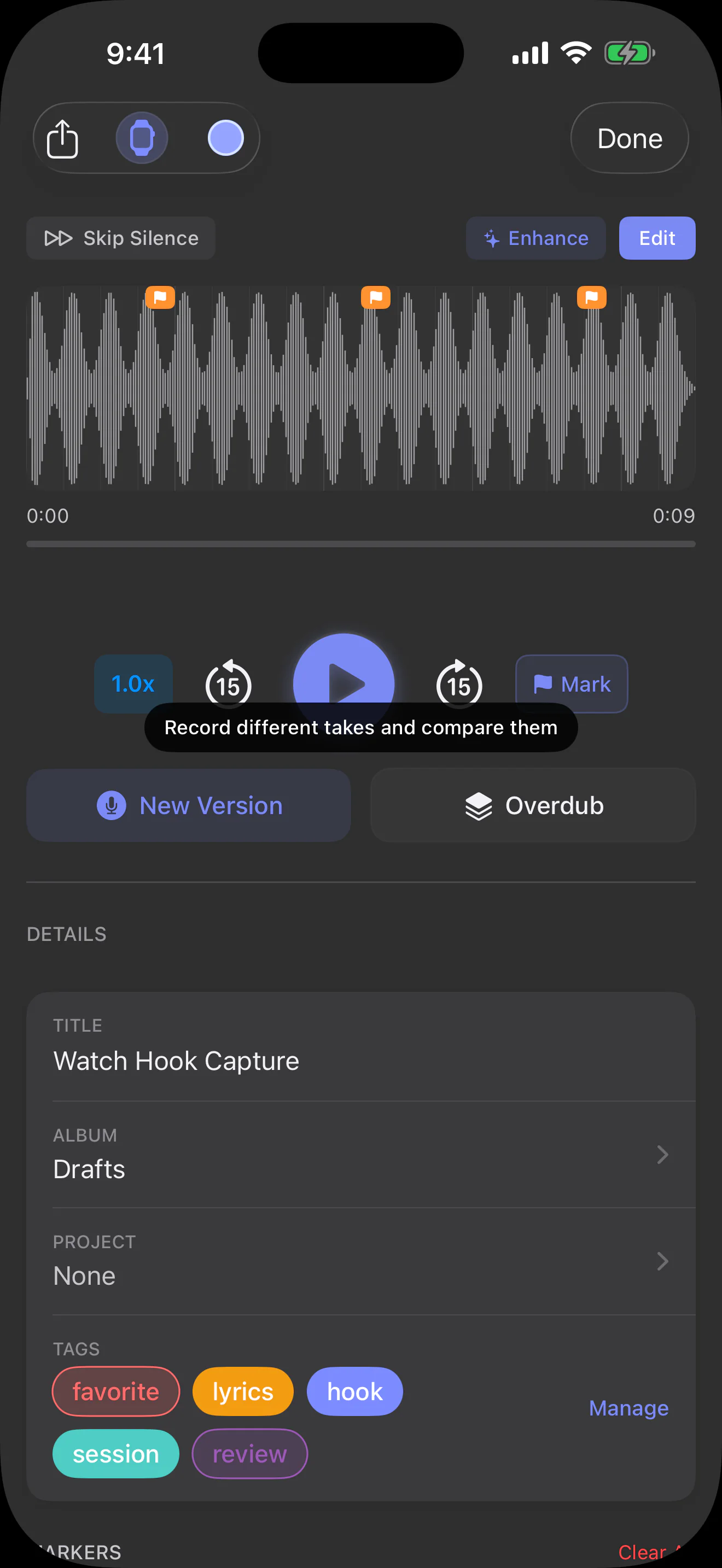 Sonedia iPhone recording detail showing a capture imported from Apple Watch