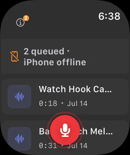Sonedia Apple Watch showing recordings safely queued while iPhone is offline