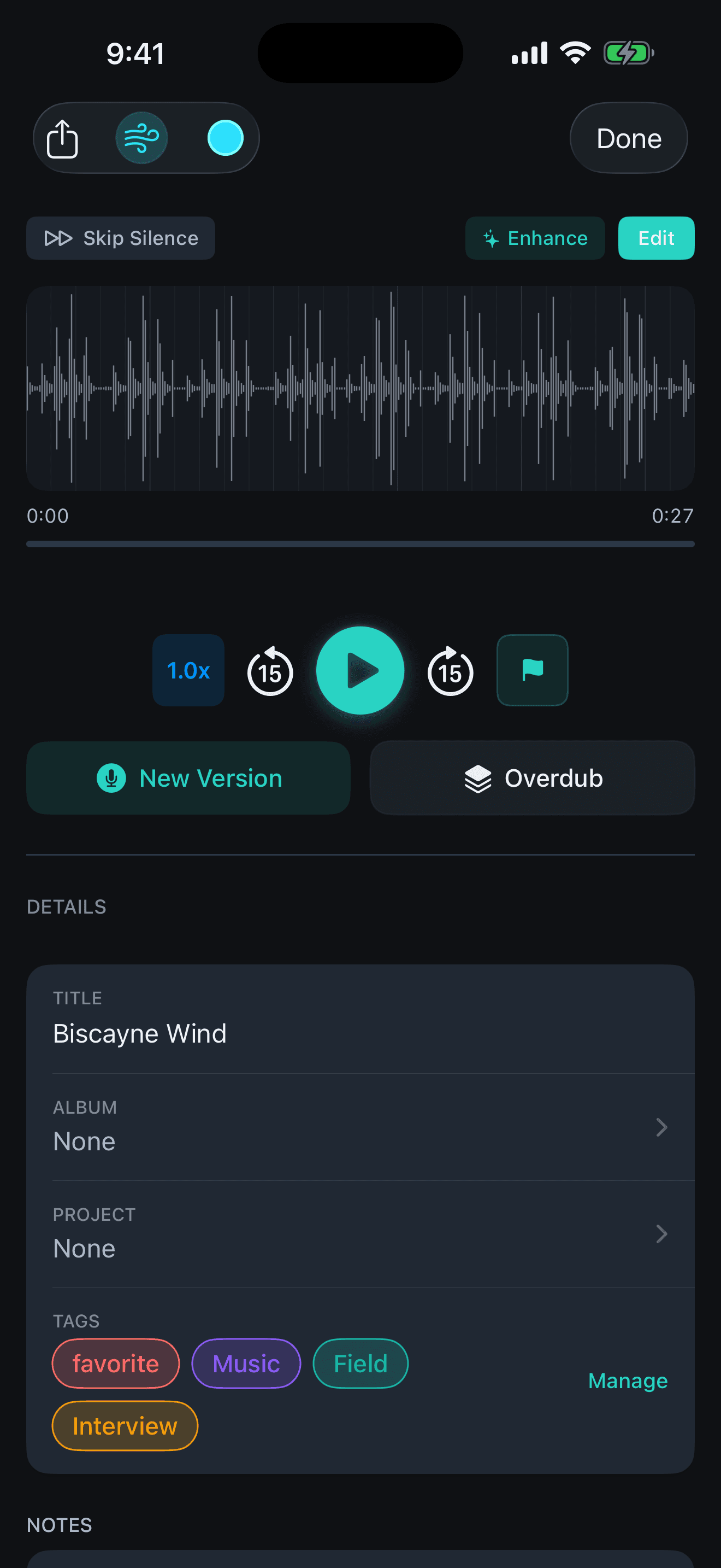 Sonedia recording detail with waveform, markers, versions, overdub, tags, and editing controls