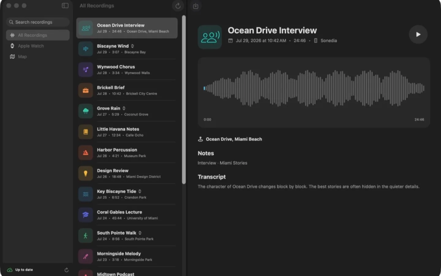 Sonedia for Mac showing a synced recording library, waveform playback, metadata, and transcript