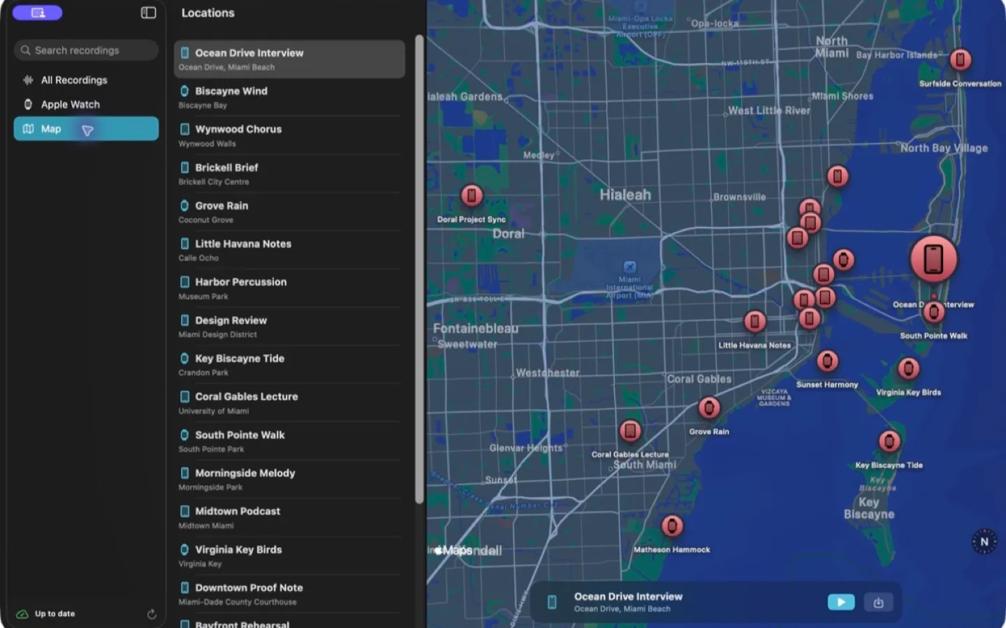 Sonedia for Mac showing recordings placed across the Miami map