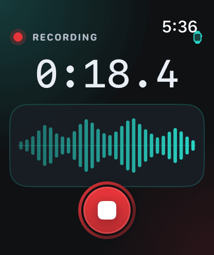 Sonedia Watch recording screen with a live waveform, elapsed timer, and stop control